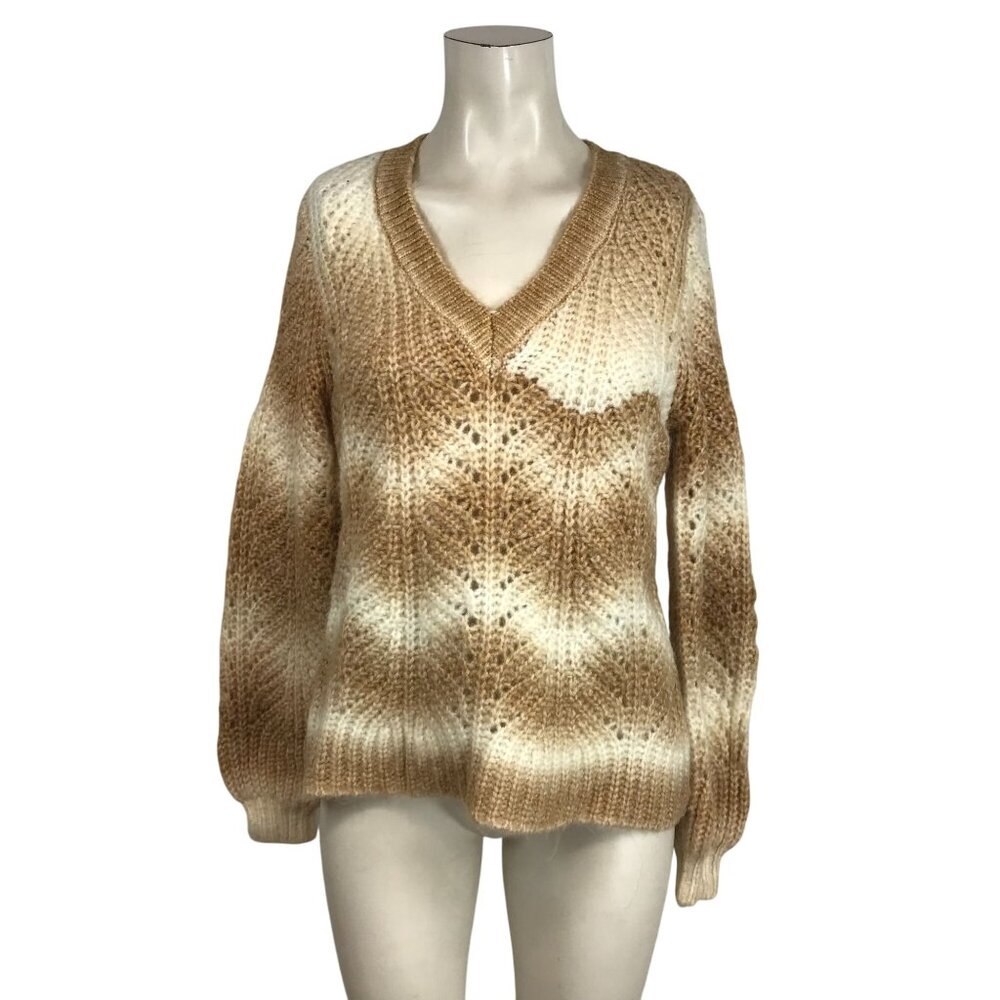 LOFT - WOMEN'S SMALL - BROWN & WHITE LONG SLEEVE V NECK PULL-OVER SWEATER